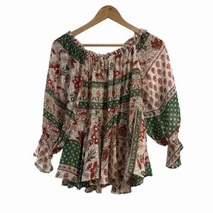 NWT Zara Sz S Multicolor Patchwork BOHO Holiday Off-Shoulder Long Sleeve Blouse